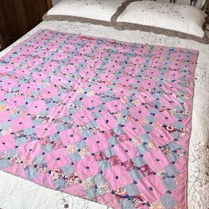 Vtg Handmade Baby Crib Quilt Blanket 48x48" Scrap Pink 4-Square Cotton Patchwork